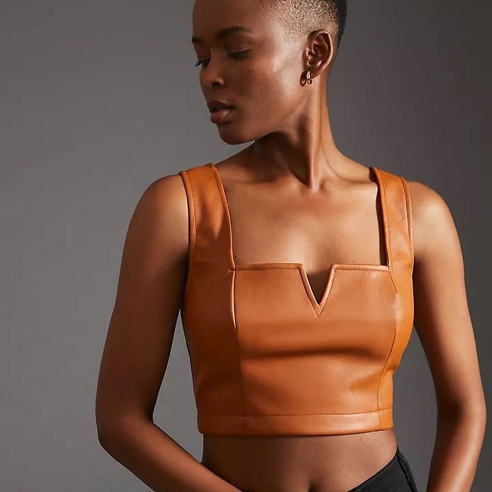 Anthropologie‎ Maeve Faux Leather Notch Tank Cropped Top Camel Brown Size 2